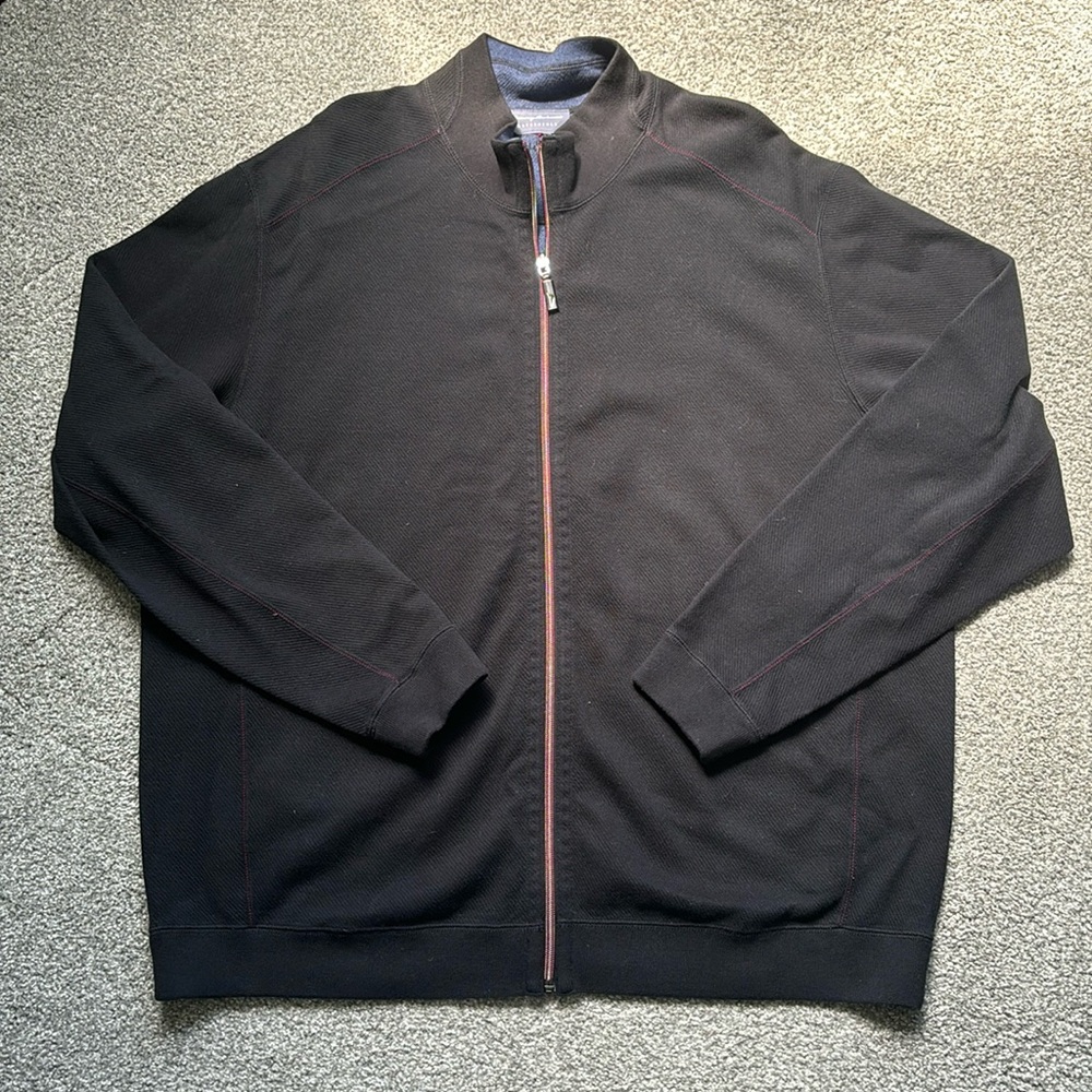 Tommy Bahama reversible zip up sweater, black/blue